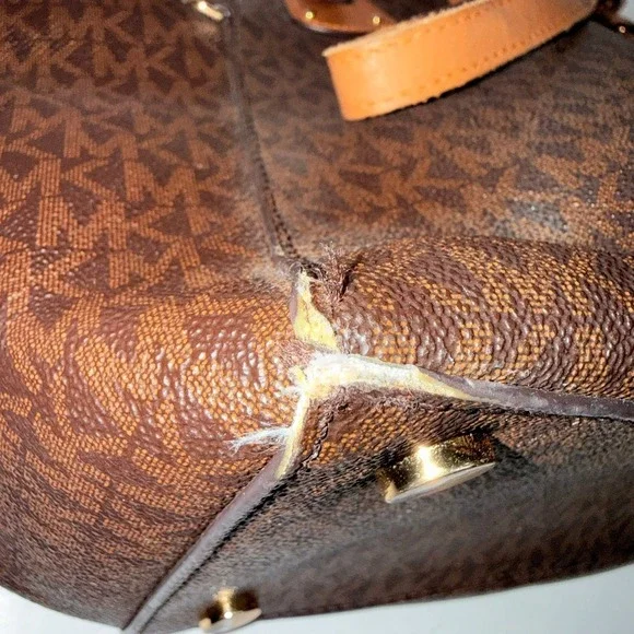 Michael Kors Women's Tote Bag Brown MK Logo Leather Trim Large - Picture 6 of 16